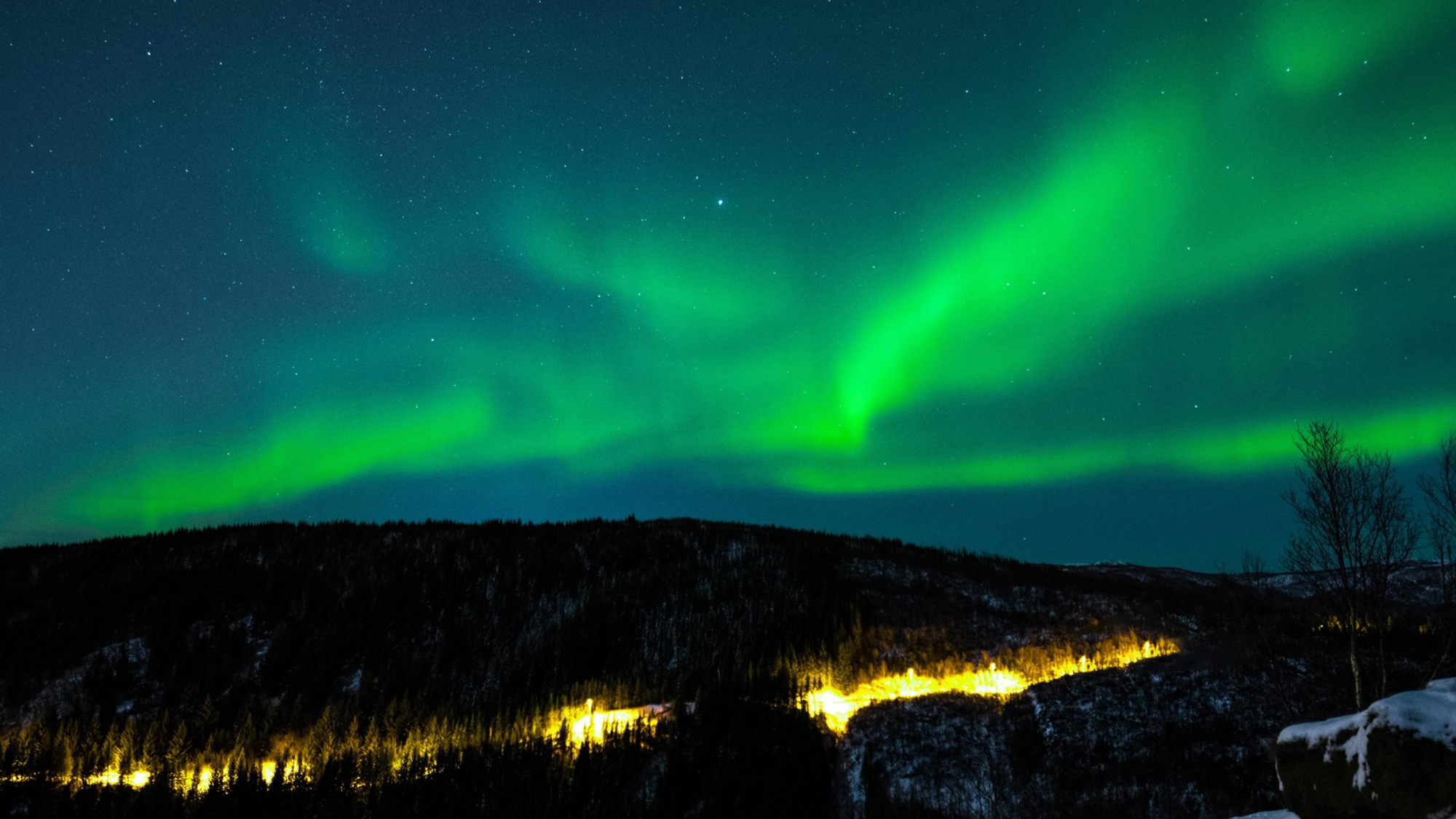 Northern Lights Sky Winter Mountains Forest